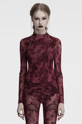 Red Moon Print Mesh Ruched Women's Gothic Blouse